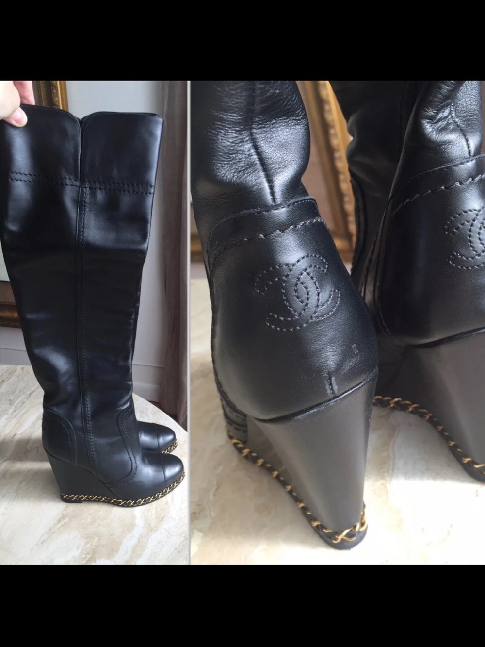 CHANEL CC logo 35 5
US 5 black Leather long Wedge Boots gold Chain $1750